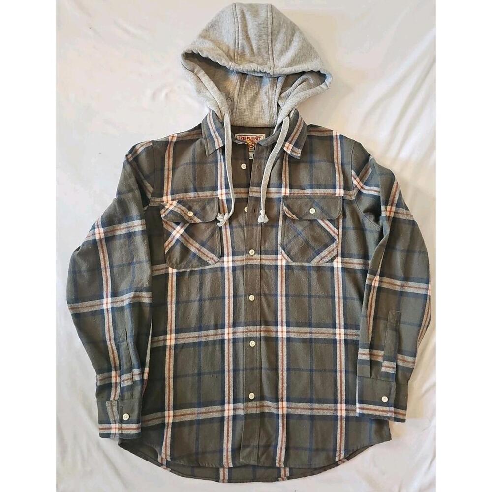 Free Planet Men's Heavy Flannel M Green‎ Plaid Long Sleeve Shirt with Gray Hood